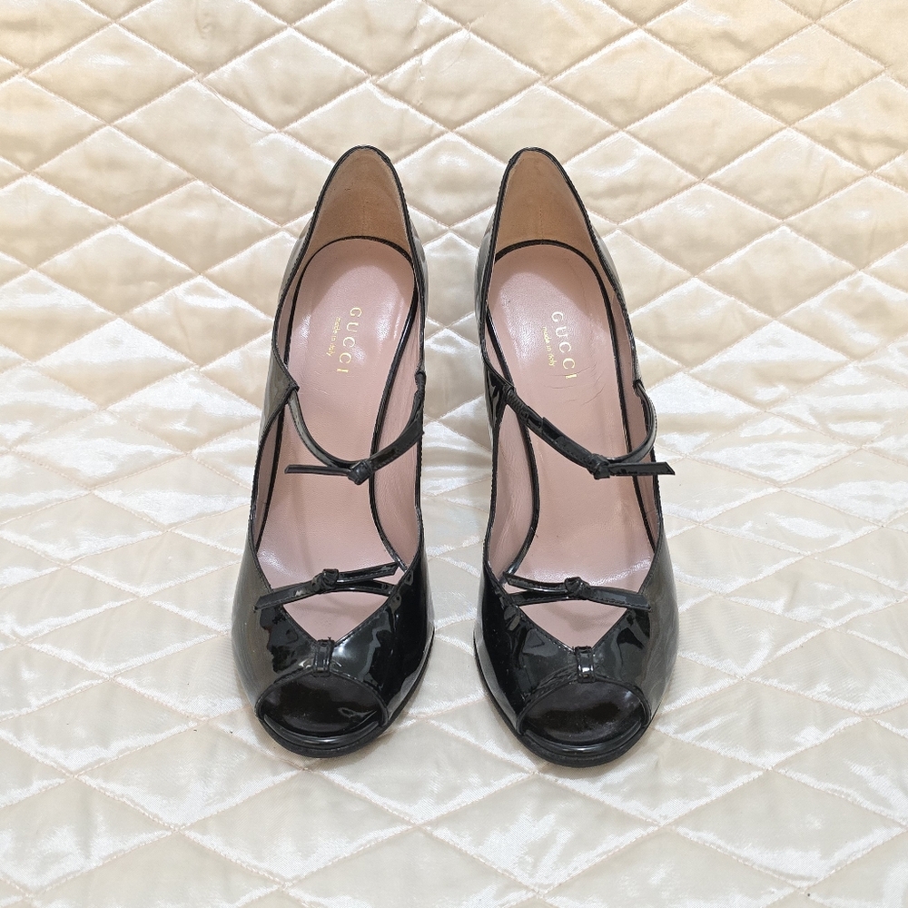 Gucci Black Patent Leather Peep-Toe Heels